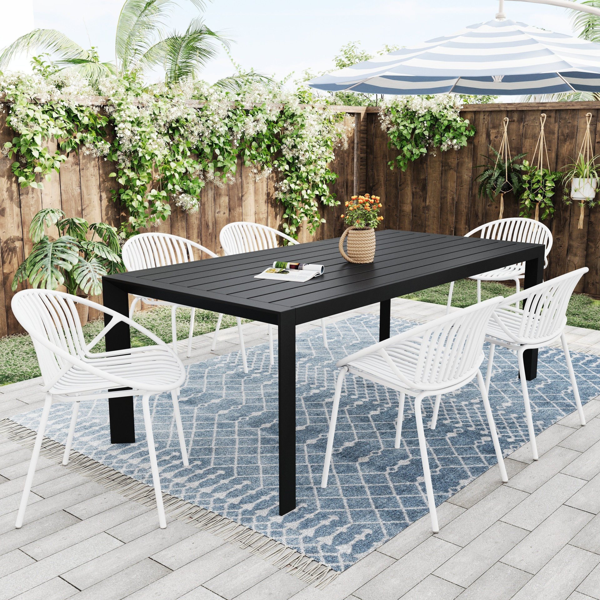 Modern Simple Art Style Patio Dining Chairs Stackable With Breathable Design, Metal Legs And Plastic Backrest (Set of 2) - White - Image 5