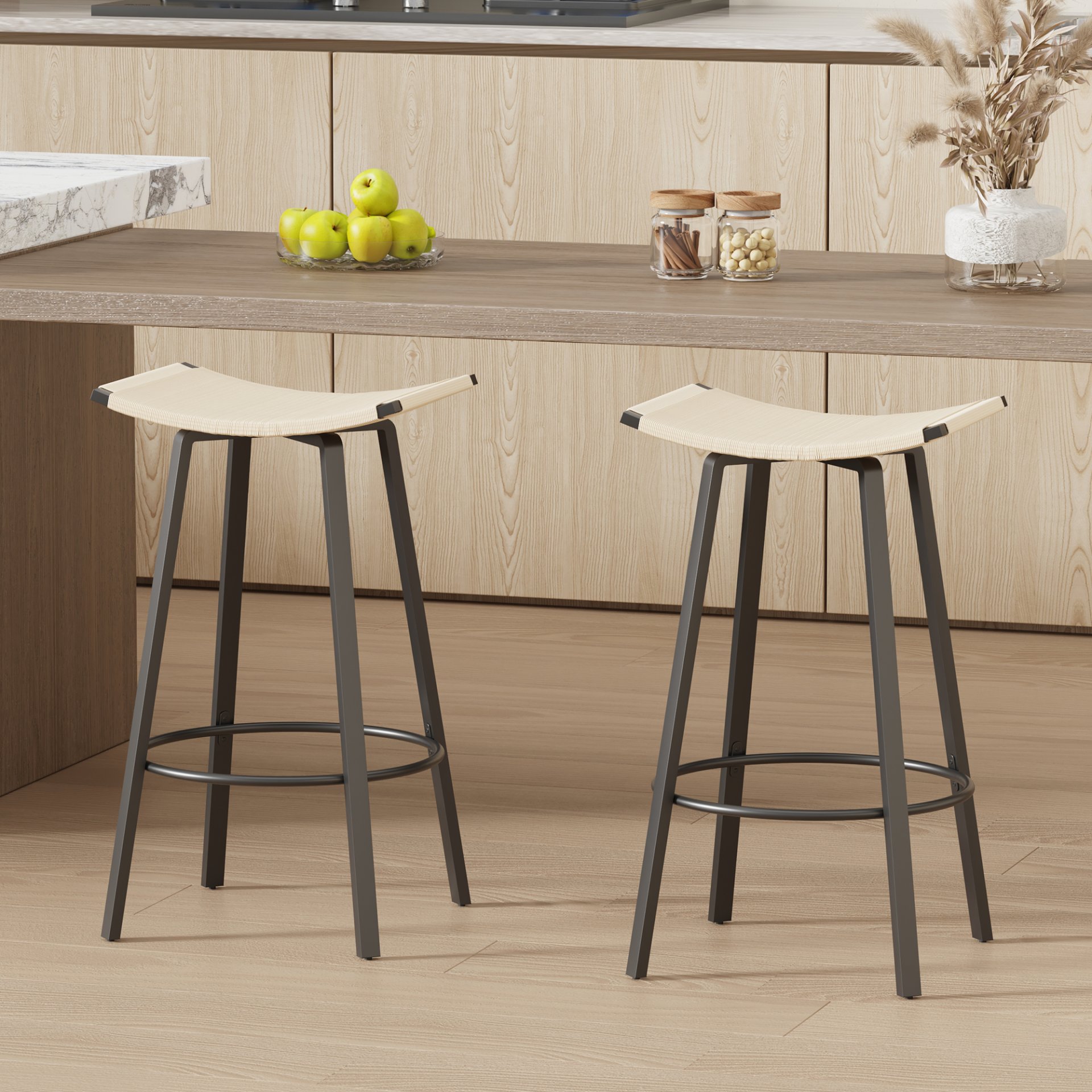 Counter Height Bar Stools Backless Handwoven Kitchen Dining Chairs With Round Footrest (Set of 2) Weaving Pub Stoo - Creamy White - Image 2