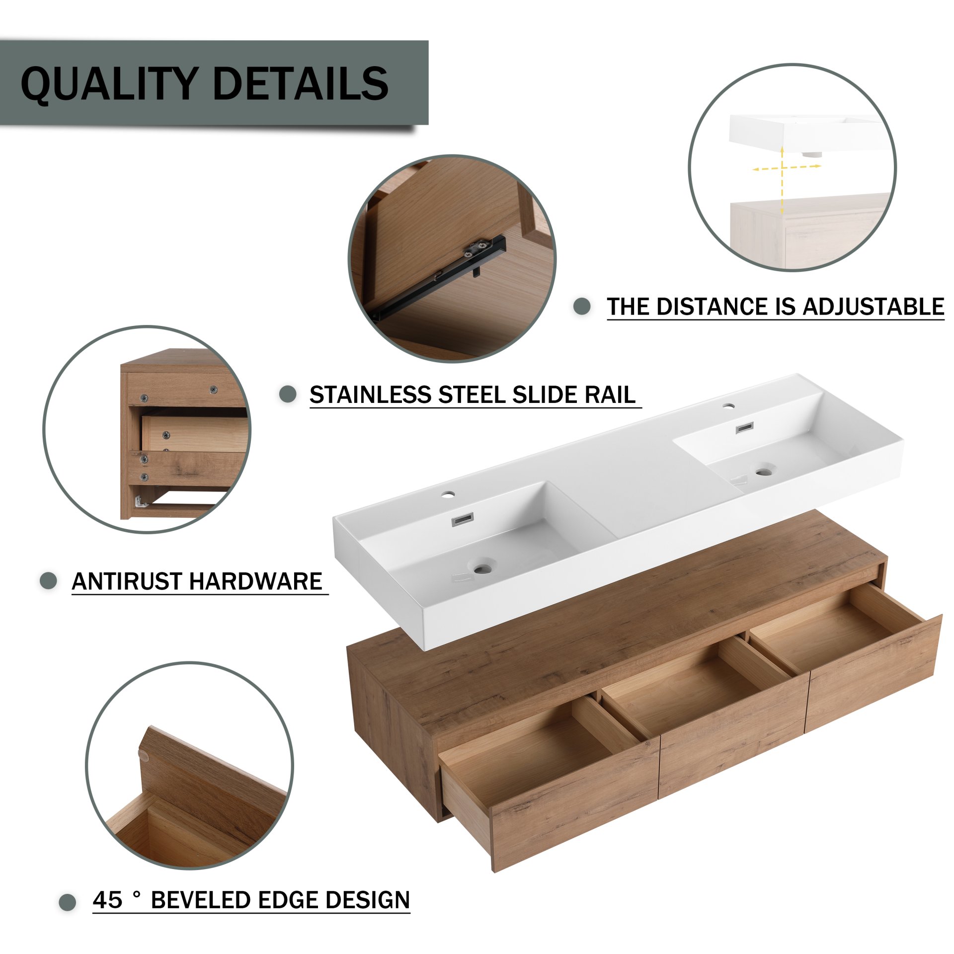 Contemporary Wall Mounted Bathroom Vanity With Dual Resin Sink And Soft Close Drawer - Imitative Oak - Image 8
