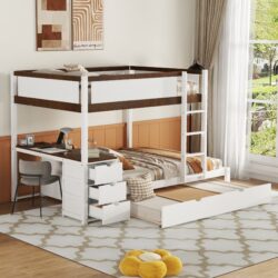Full Over Full Bunk Bed With Twin Size Trundle, Storage And Desk - White / Walnut