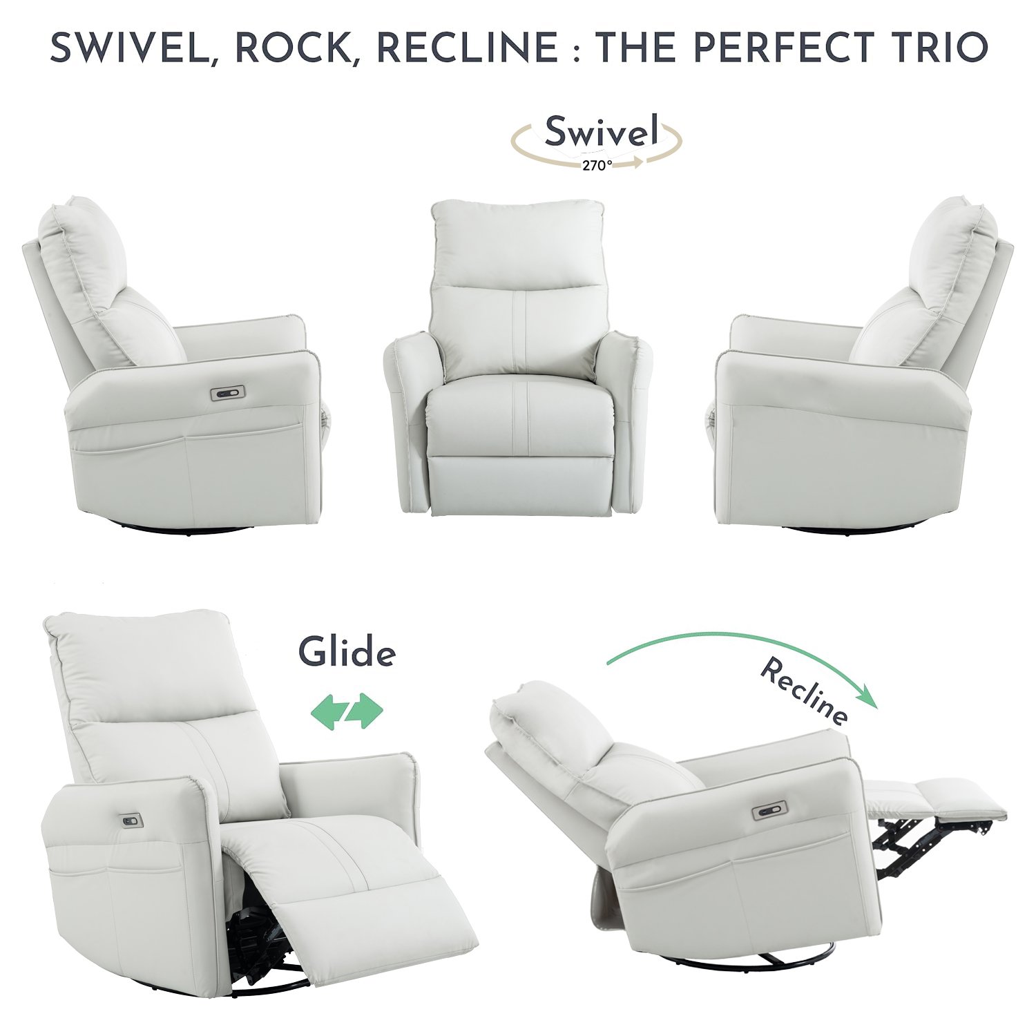 29.92" 270 Power Swivel Rocker Recliner Chair, Electric Glider Reclining Sofa With USB Ports, Power Swivel Glider, Rocking Chair Nursery Recliners For Living Room Bedroom - Light Gray - Image 4