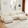 Modern U Shape Modular Sectional Sofa Couch With Movable Ottomans Convertible L Shaped With Pillows And Bolstered Armrests - Cream - Image 9