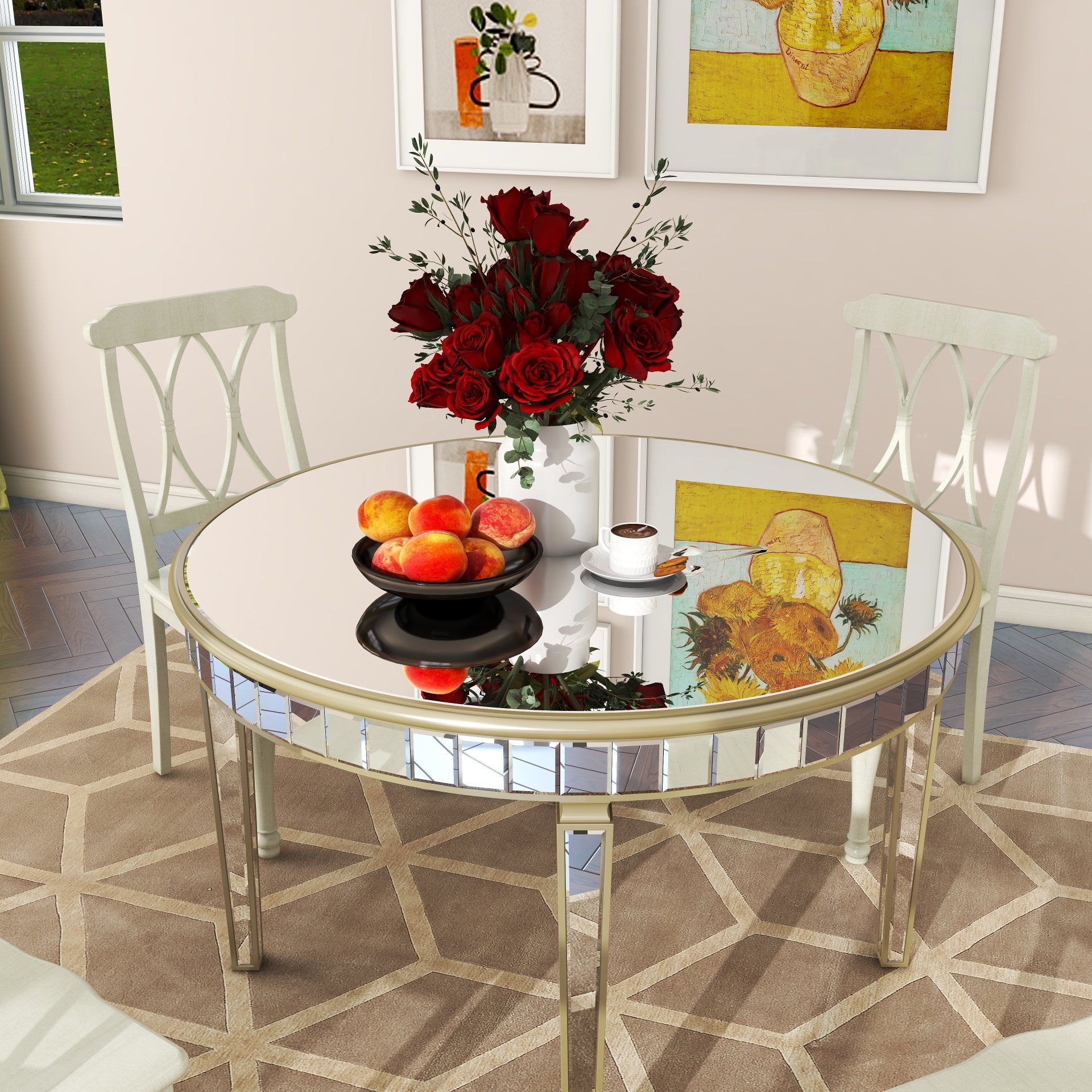 Round Glass Dining Table With Mirror Top - Silver - Image 5