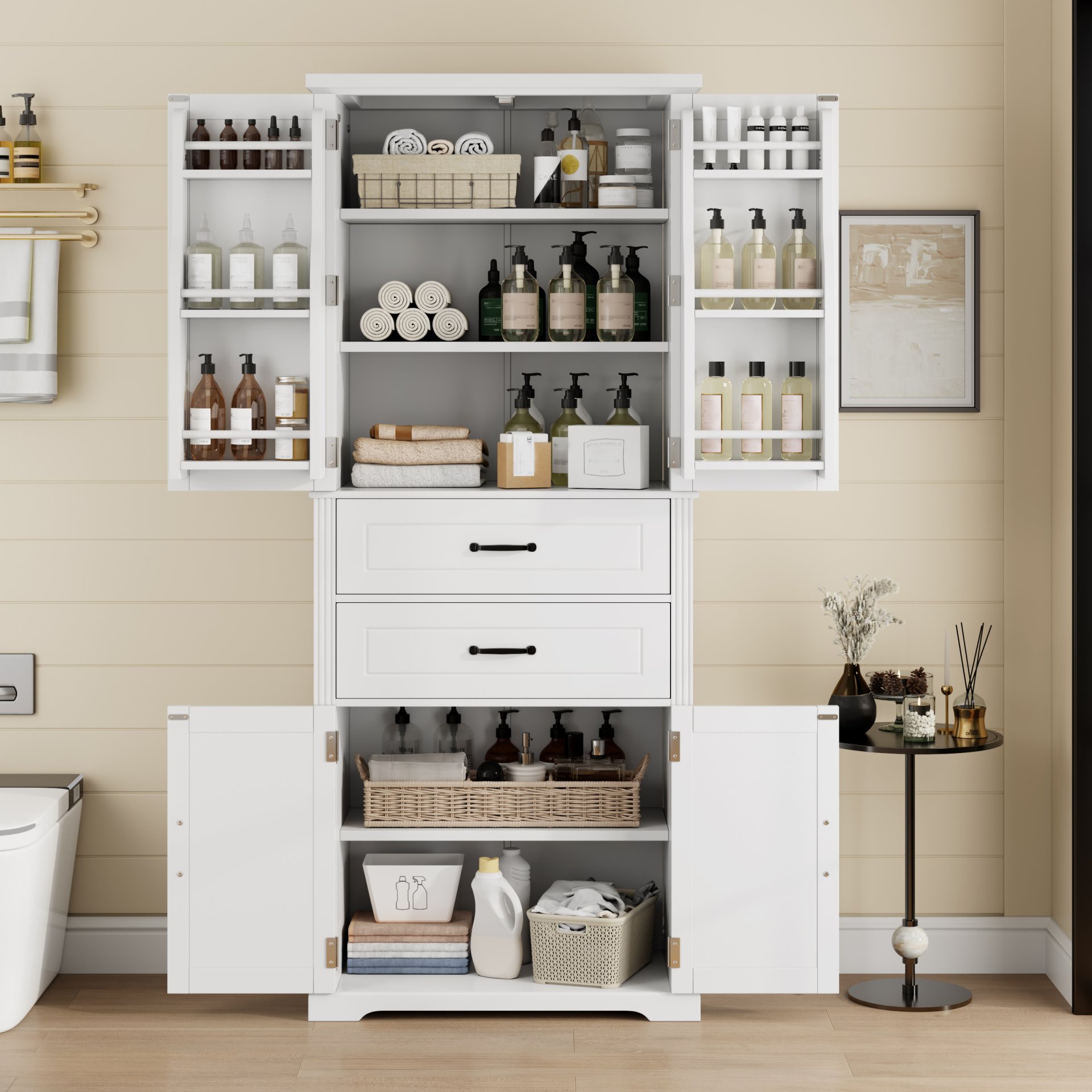 Elegant Multi Functional Storage Cabinet With Slide Rail Drawers, Adjustable Shelves - White - Image 2