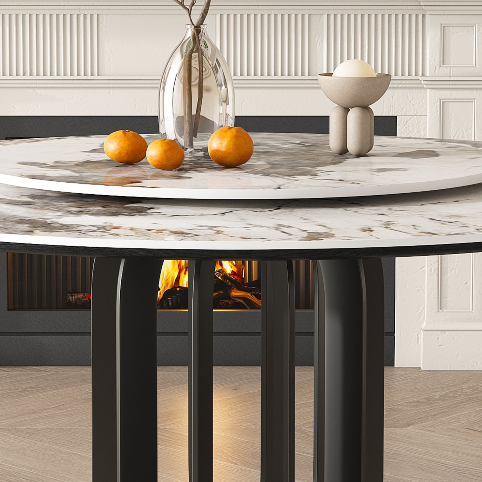 Round Dining Table With Carbon Steel Base And Lazy Susan Industrial Style - Black / White - Image 7