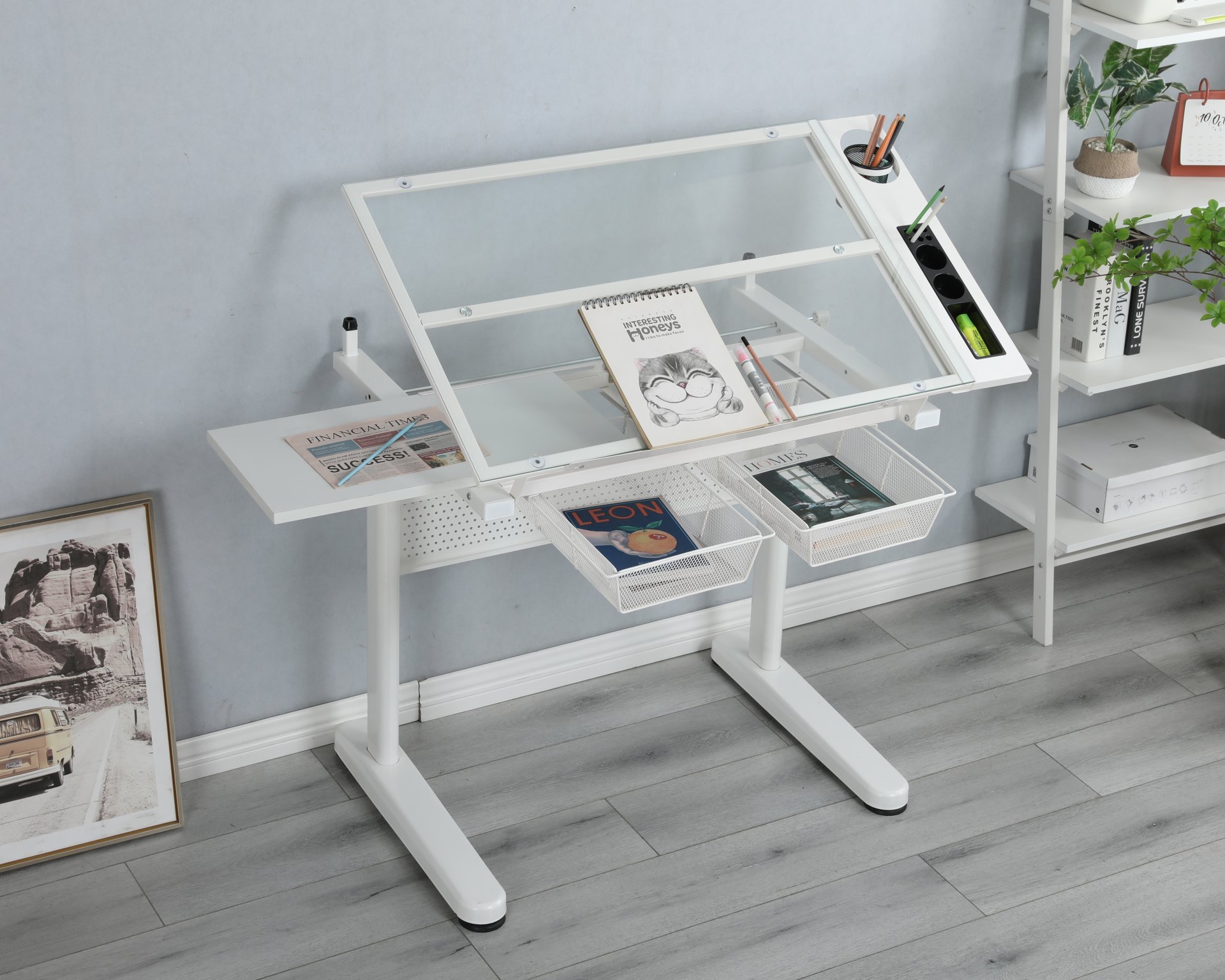 38.18" Hand Crank Adjustable Drafting Table Drawing Desk With 2 Metal Drawers With Stool - White - Image 7