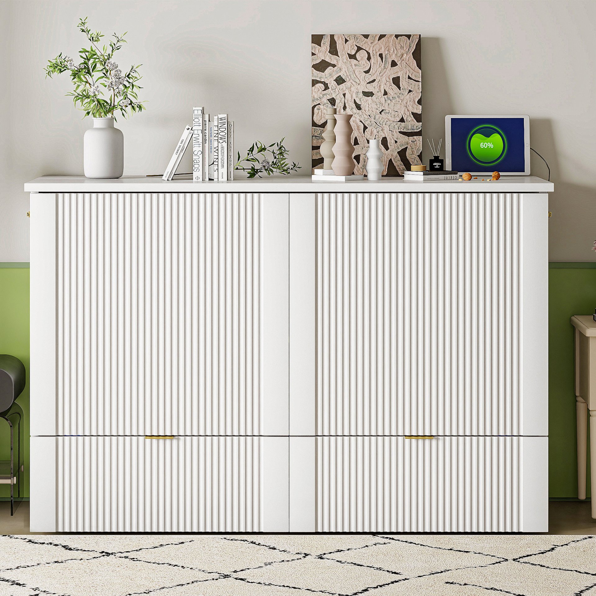 Full Size Murphy Bed With Drawer And A Set Of Sockets & USB Ports, Pulley Structure Design - White - Image 2