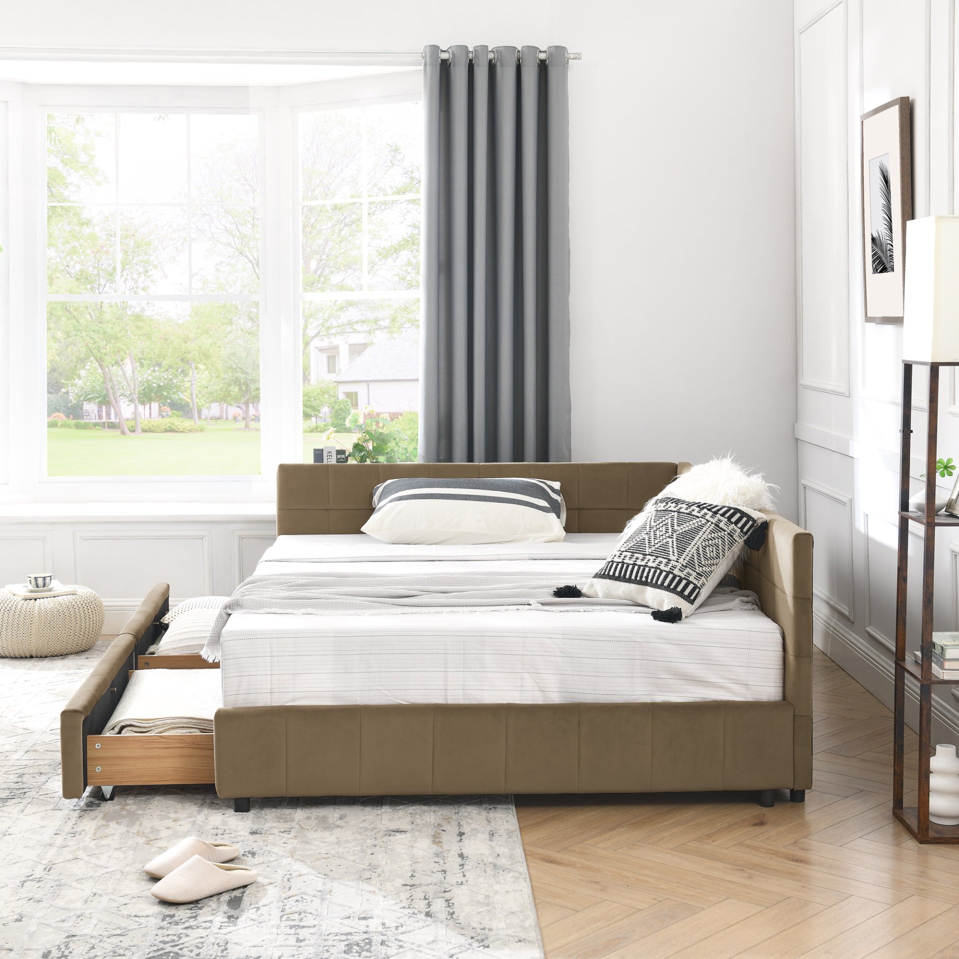 Mid Century Velvet Upholstered Tufted Full Size Storage Bed Frame With Backrest And Armrests - Brown - Image 7