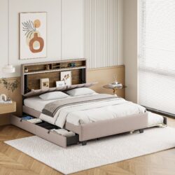 Queen Size Upholstered Platform Bed With Storage Headboard, Twin Long Size Trundle & 2 Drawers And A Set Of Sockets & USB Ports - Beige