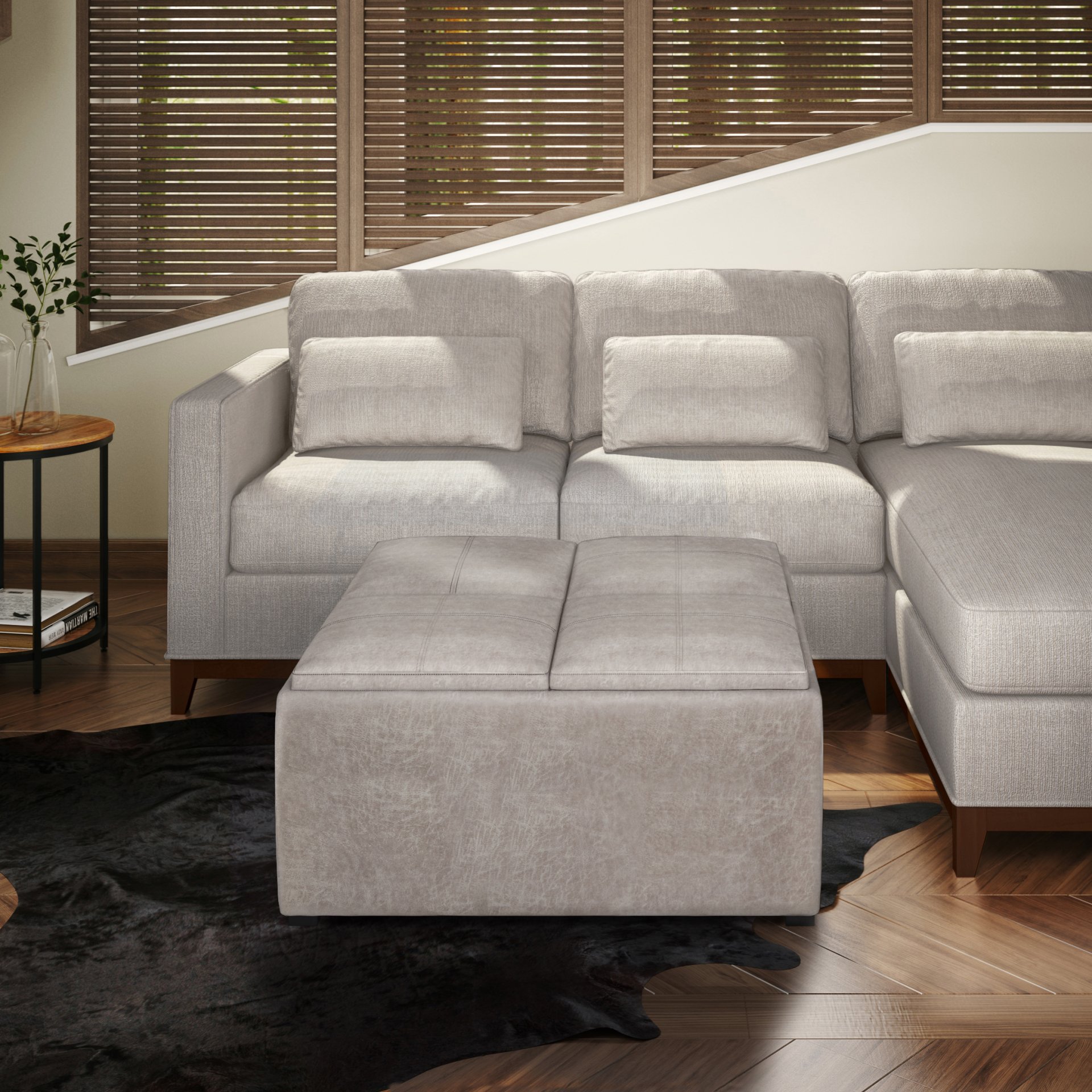 Avalon - Square Coffee Table Storage Ottoman - Distressed Gray Taupe - Image 7