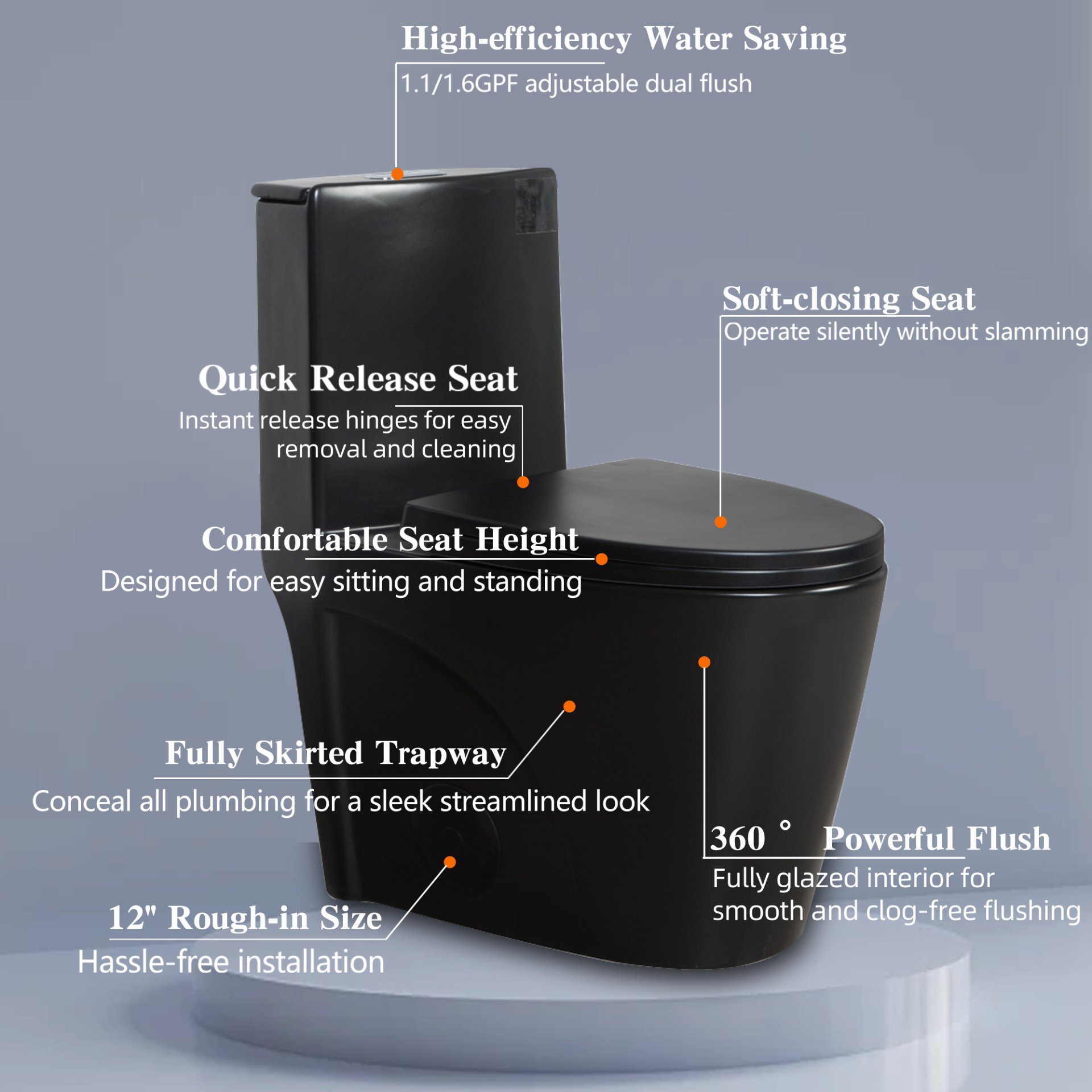 1.1 / 1.60 Gpf Dual Flush 1 Piece Toilet, Water Saving Elongated Comfort Height Floor Mounted, Soft Close Seat, 1000 Gram Map Flushing Score Toilet - Matte Black - Image 4