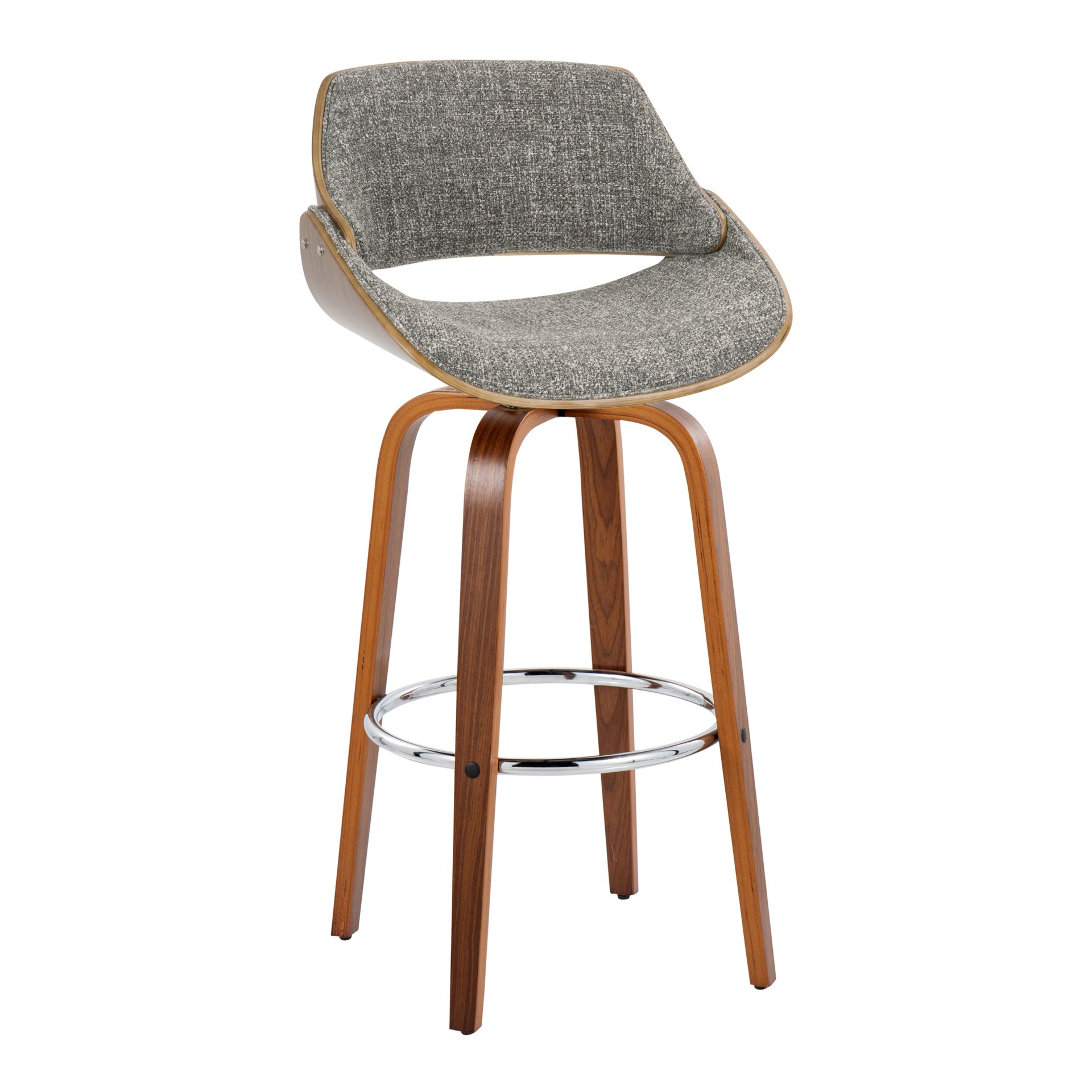 Fabrizzi - Mid-Century Modern Fixed Height Barstool With Swivel With Round Footrest (Set of 2) - Walnut / Gray - Image 2