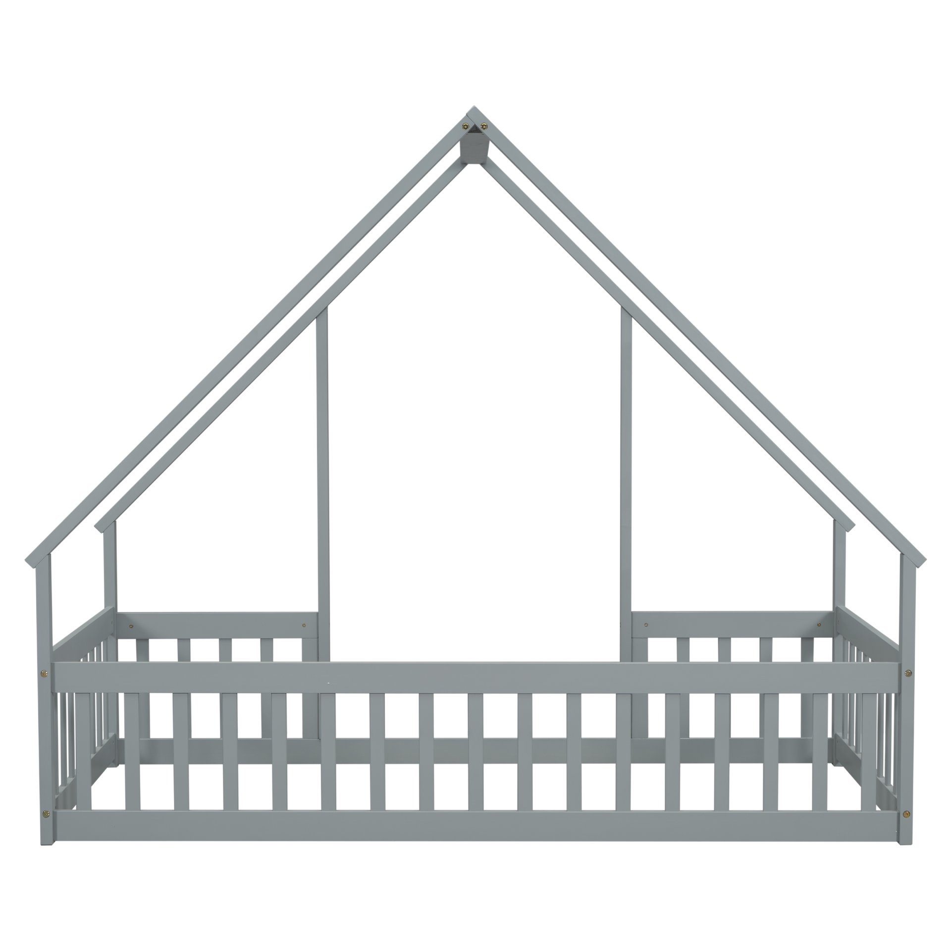 Twin Wood House-Shaped Floor Bed With Fence, Guardrails - Gray - Image 16