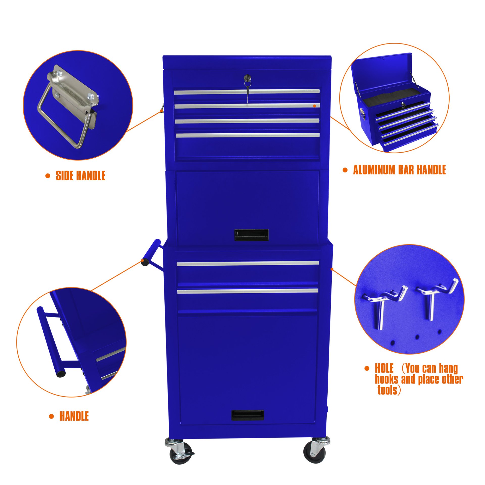6 Drawer Lockable Tool Cabinet On Wheelsб Steel Rolling Tool Chest With Detachable Toolbox, 2 In 1 Garage Workshop Storage Organizer With 4 Universal Casters - Blue - Image 6