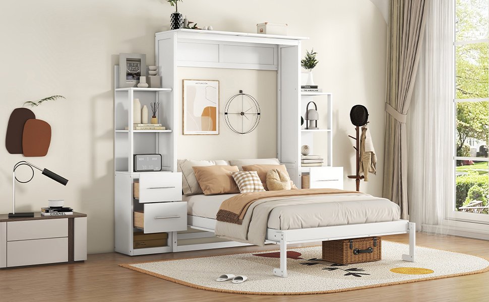 Full Size Murphy Wall Bed With Shelves, Drawers And LED Lights - White - Image 22