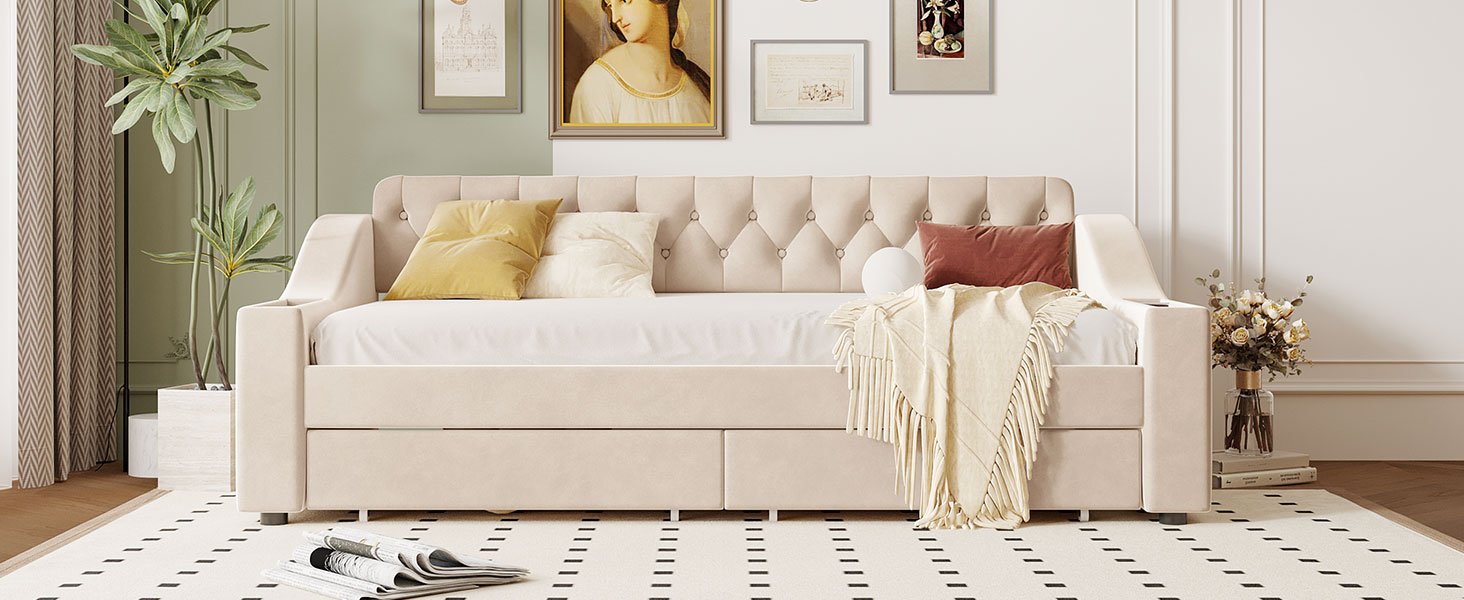 Twin Size Upholstered Daybed With Storage Armrests And USB Port - Beige - Image 14