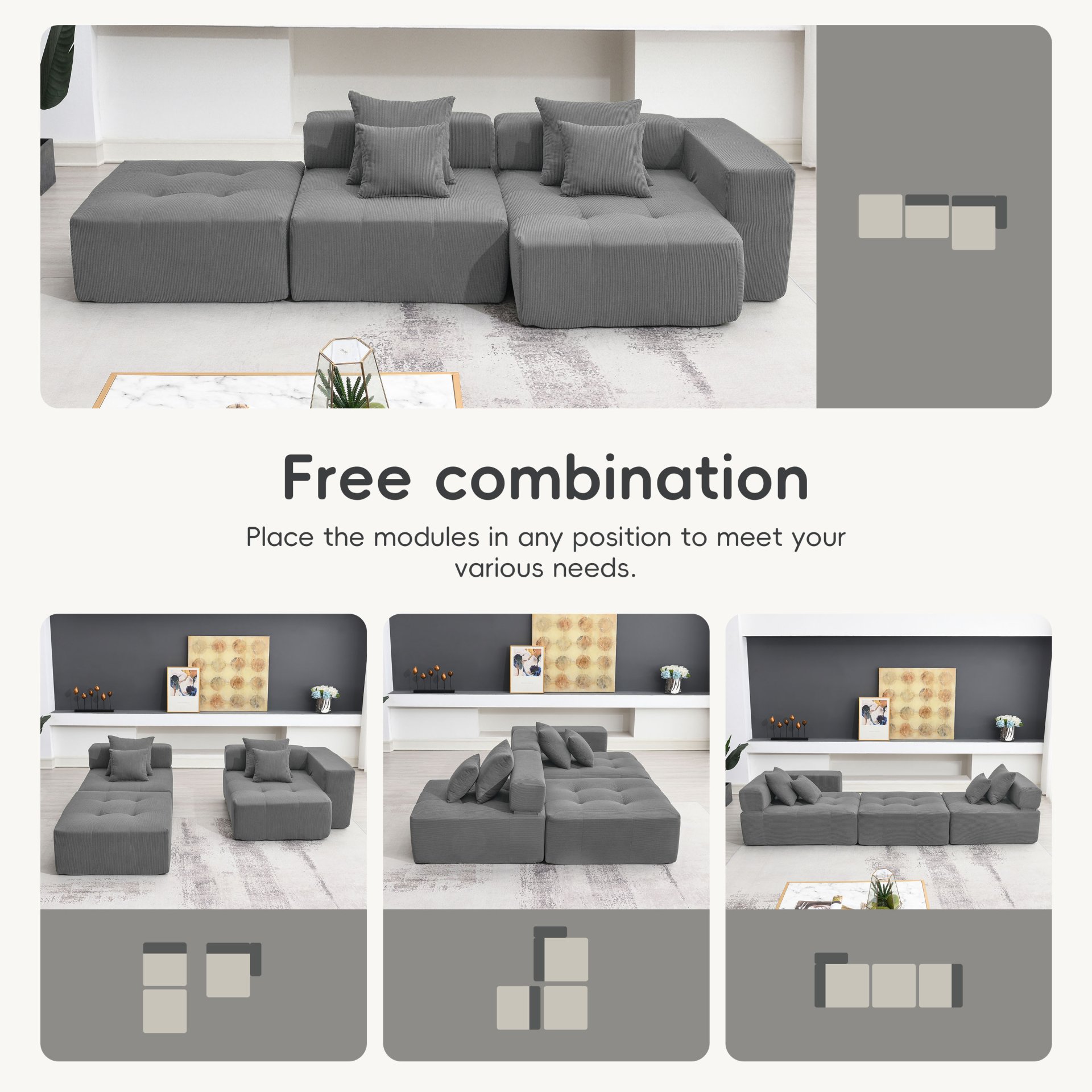 3 Piece Free Combination L Shaped Modular Sectional, Minimalist Floor Couch Set, Convertible Foam Filled Cloud Compressed Couch For Living Room - Gray - Image 6
