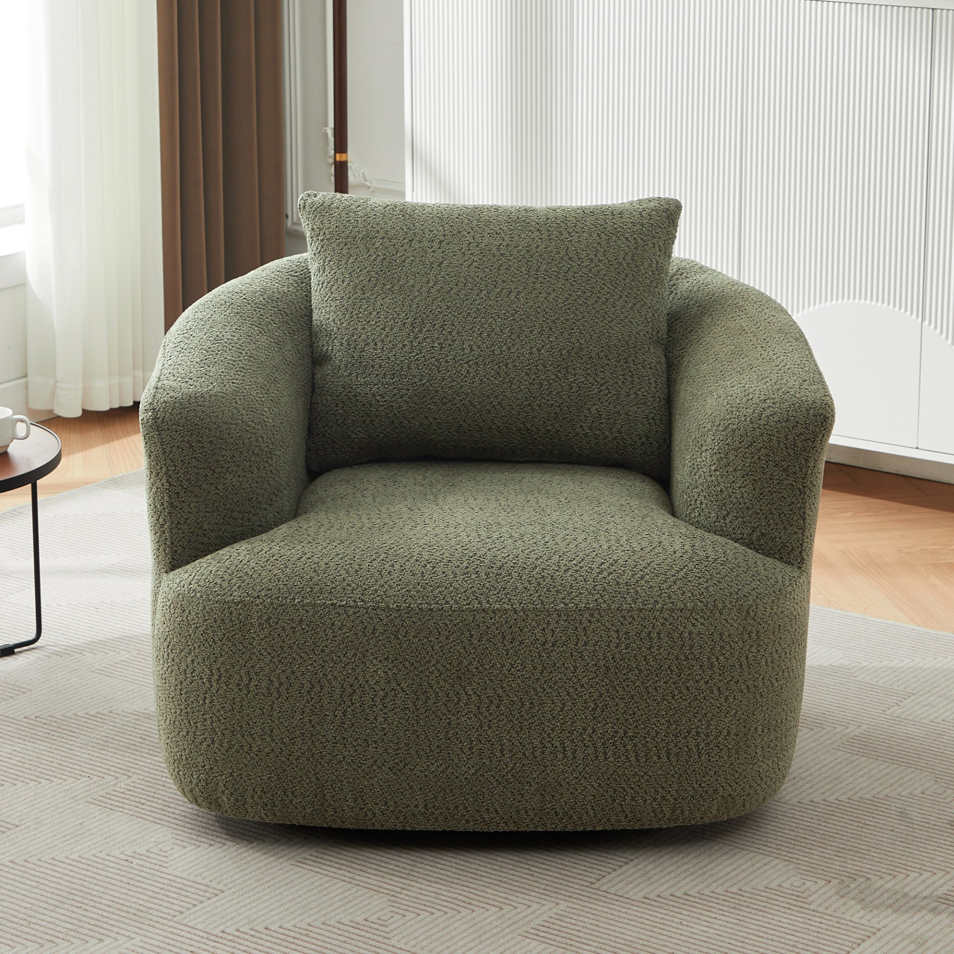 360° Swivel Chair, Chenille Upholstered Barrel Sofa Chair With Throw Pillow, For Living Room, Office - Green - Image 7