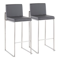 Fuji - Contemporary High Back Barstool (Set of 2) - Gray - Faux Leather