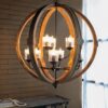9 Light Globe Chandelier, Wood Chandelier Hanging Light Fixture With Adjustable Chain For Kitchen, Bulb Not Included - Brown - Image 7