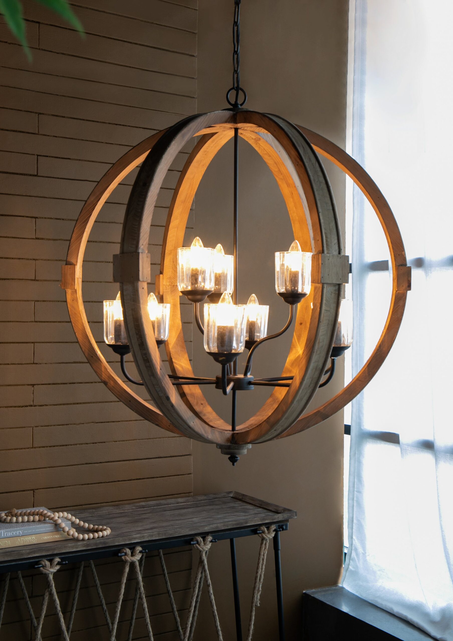 9 Light Globe Chandelier, Wood Chandelier Hanging Light Fixture With Adjustable Chain For Kitchen, Bulb Not Included - Brown - Image 7