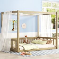 Full Size Canopy Frame Floor Bed With Fence, Guardrails - Natural