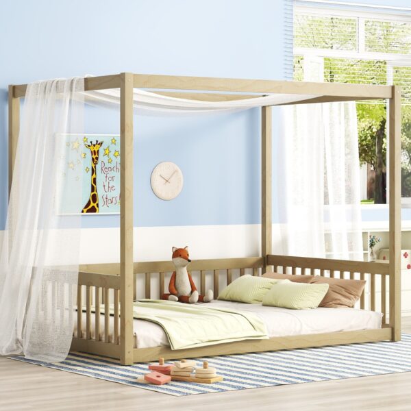 Full Size Canopy Frame Floor Bed With Fence, Guardrails - Natural