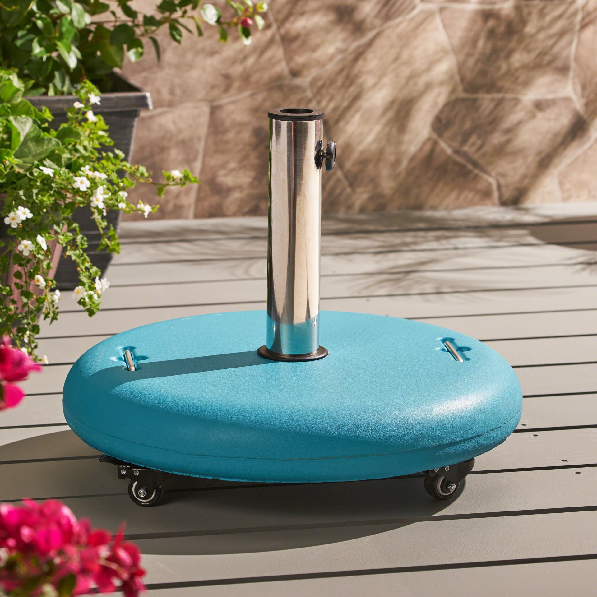 Stylish Round Wheelie - Umbrella Base With Stainless Steel Holder - Teal Concrete - Image 2