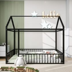 Twin Size Bed House Bed Frame With Fence - Black