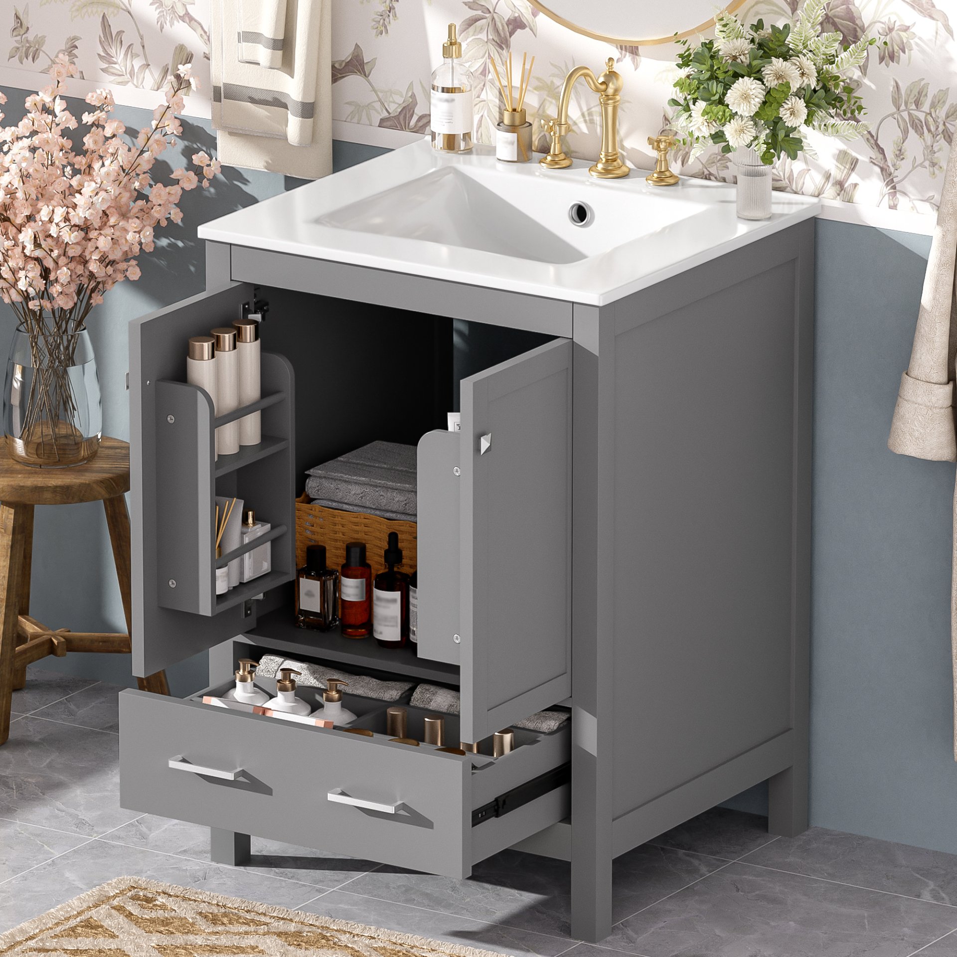 24" Bathroom Vanity With Integrated Undermount Sink, 2 Doors 1 Drawer, Soft Close Hinges, - Gray - Image 2