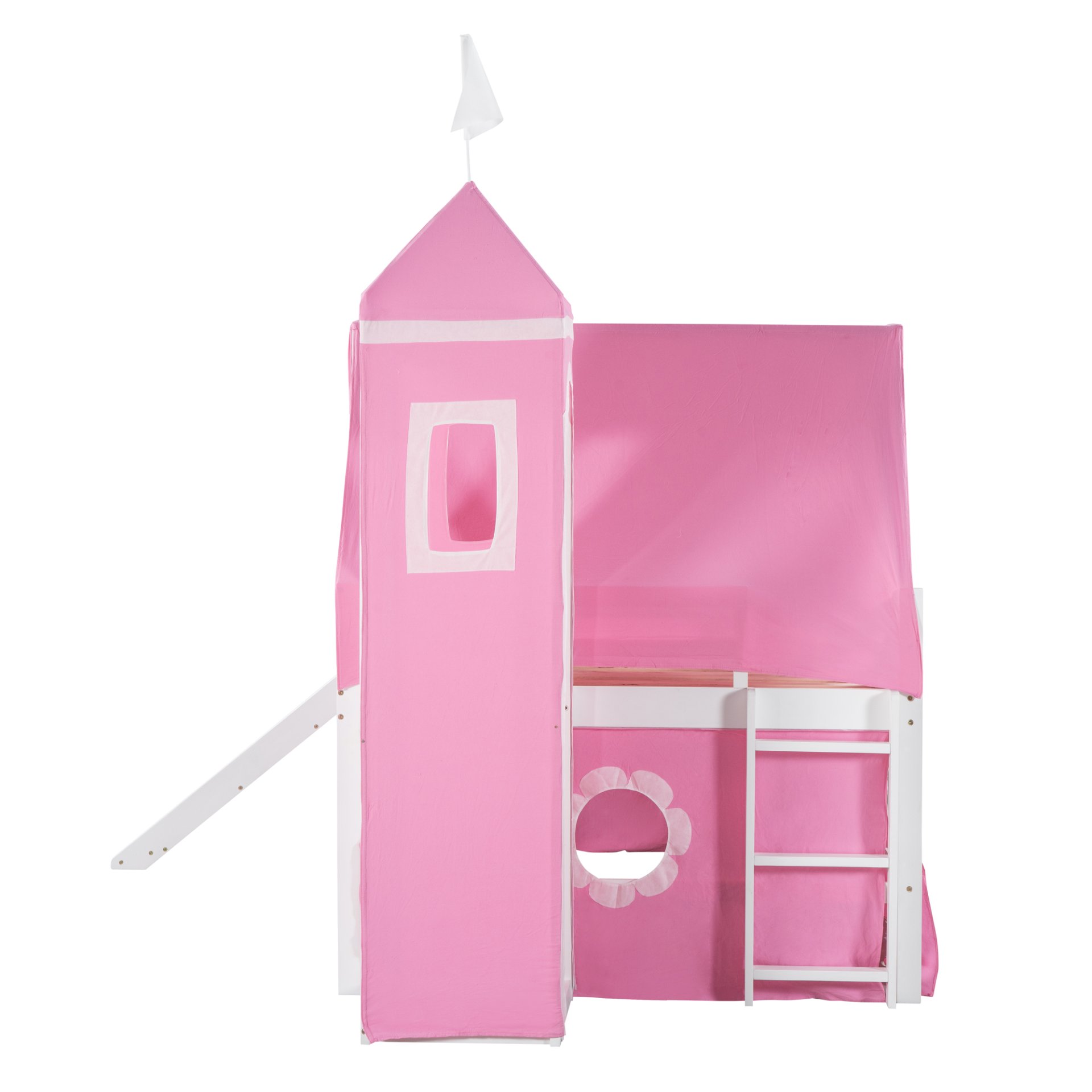 Full Size Loft Bed With Slide And Tent Tower Space Saving Fun Design For Kids - Pink - Image 11