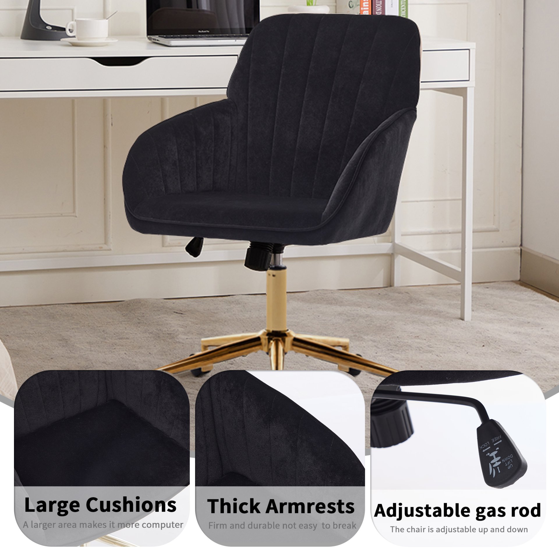 Adjustable Office Chair, Ergonomic Swivel Chair Velvet, Comfortable For Long Sitting - Black - Image 7