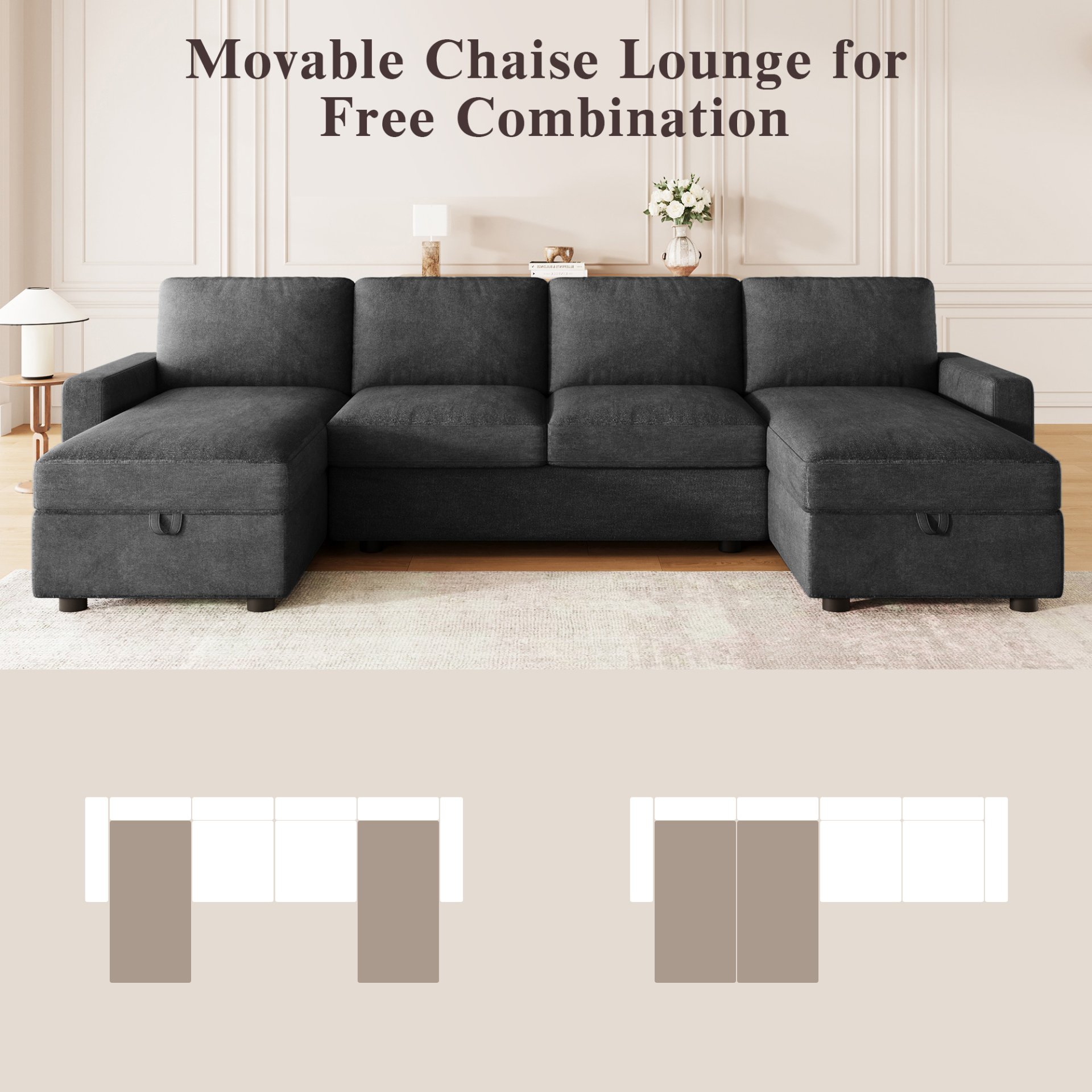 Convertible U Shaped Sectional Sofa With Storage Chaise Lounges And USB Ports - Black - Image 4