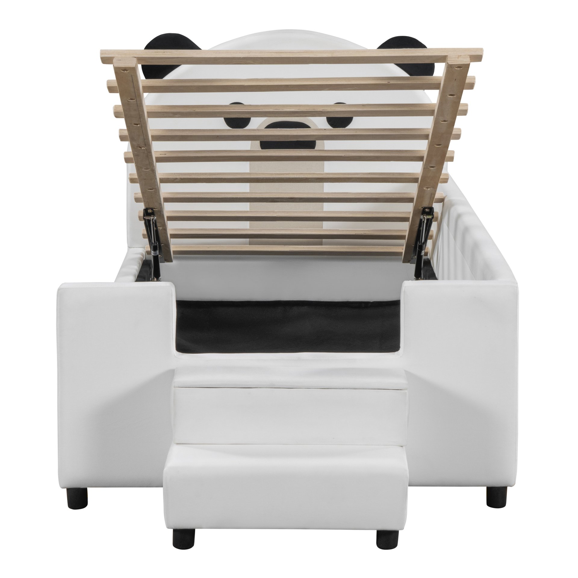 Twin Size Upholstered Daybed With Bear Shaped Headboard, Hydraulic System And Breathable Mesh Fence - White - Image 4