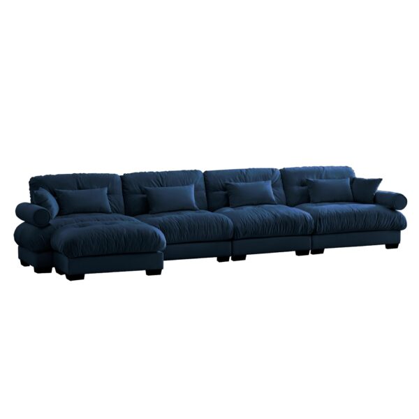 Modern Velvet L Shaped Sectional Cloud Sofa, Convertible Deep 4 Seater Modular Couch With Pillows - Blue