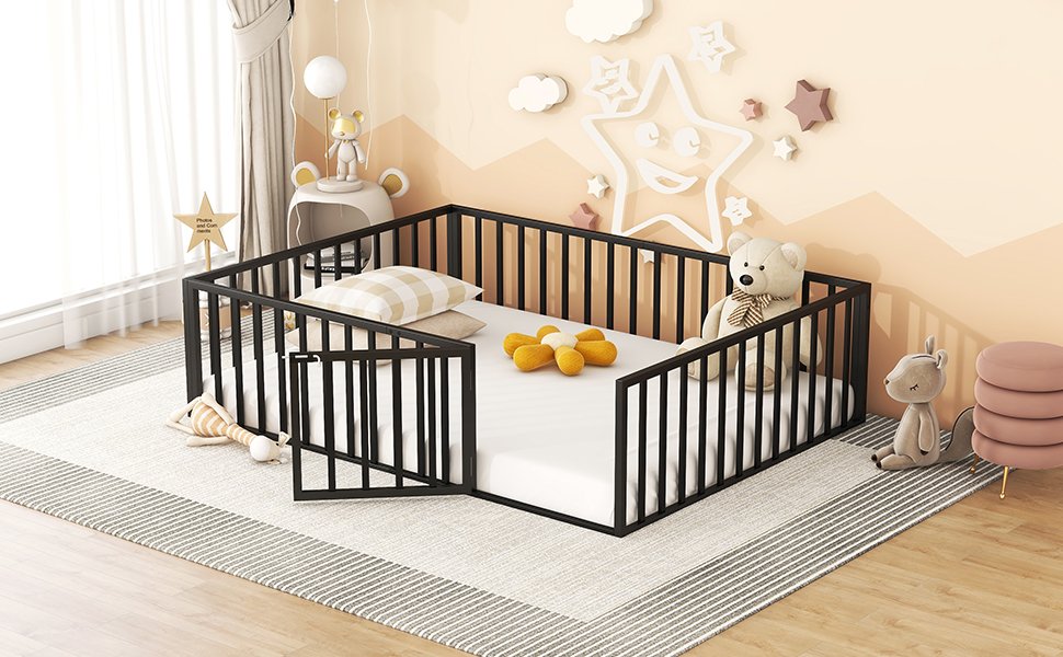 Queen Size Floor Bed Frame With Fence And Door - Black - Image 11
