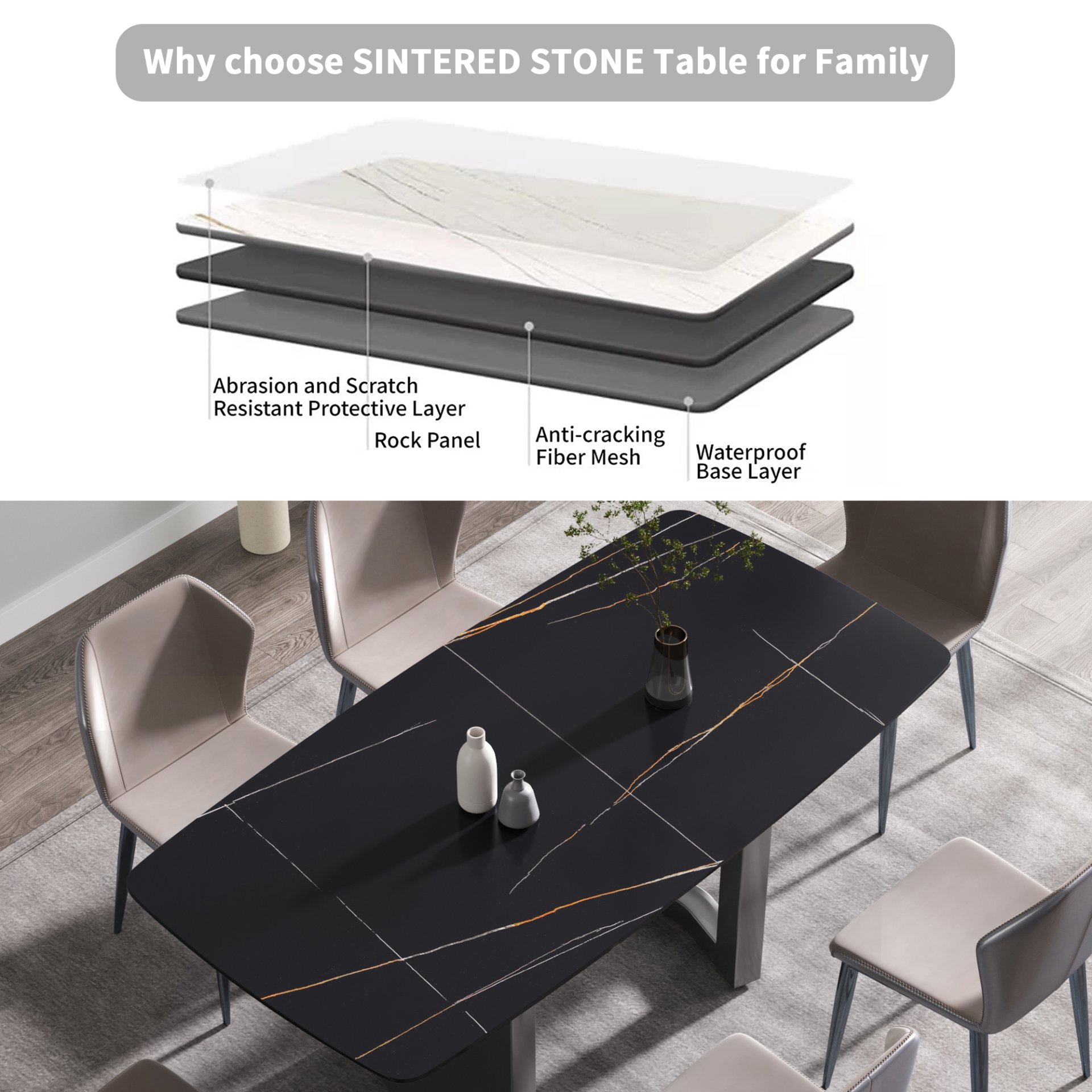 70.87" Modern Artificial Stone Dining Table, Can Accommodate 6-8 People - Black - Image 11