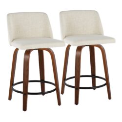 Toriano - Mid-Century Modern Fixed Height Counter Stool With Swivel With Round Footrest (Set of 2) - Walnut / Cream / Black