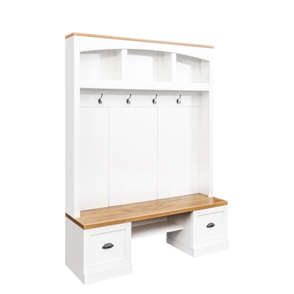 Farmhouse 4 In 1 Hall Tree With Wood Grain Bench And Top, Multifunctional Coat Rack With Hooks And Shell Handles, Mudroom Bench With Adjustable Shelves For Hallway, Living Room - White