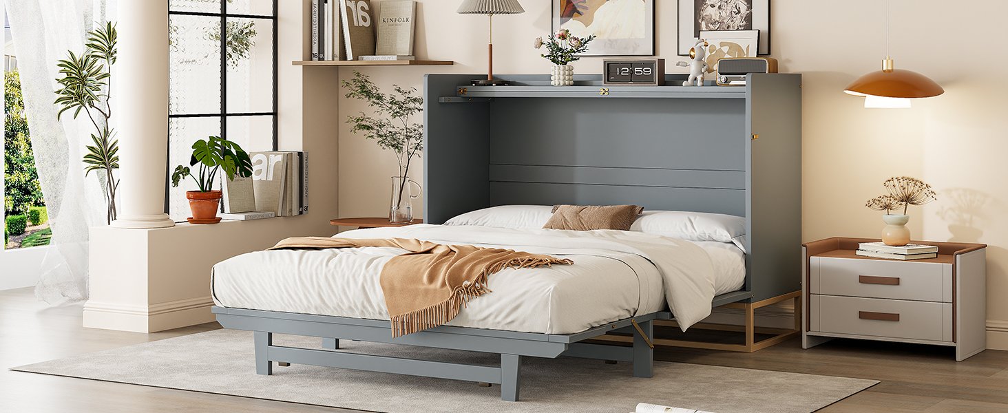 Queen Size Murphy Bed With Iron Legs, Modern Design - Gray - Image 25