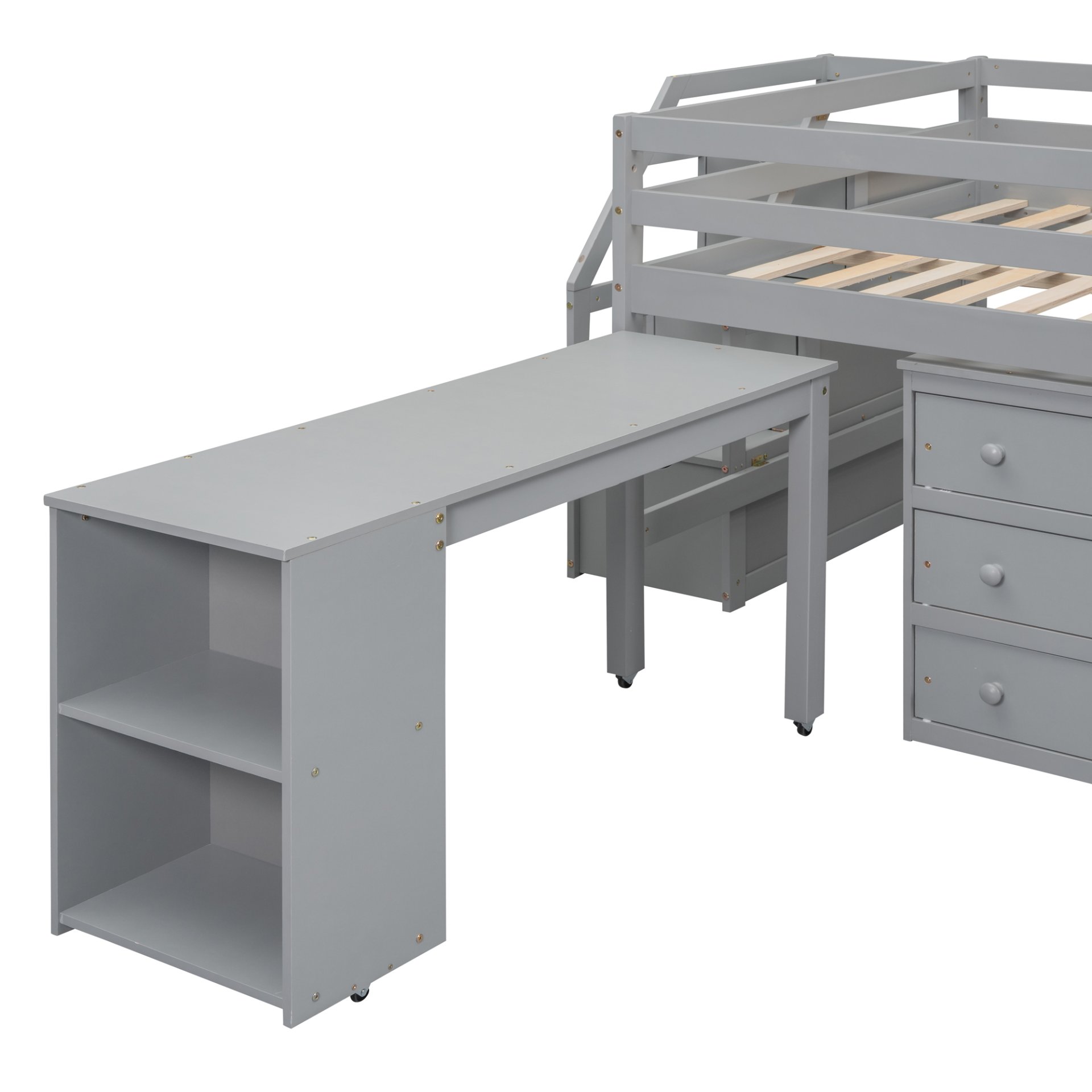 Full Size Loft Bed With Retractable Writing Desk And 3 Drawers With Storage Stairs And Shelves - Gray - Image 17