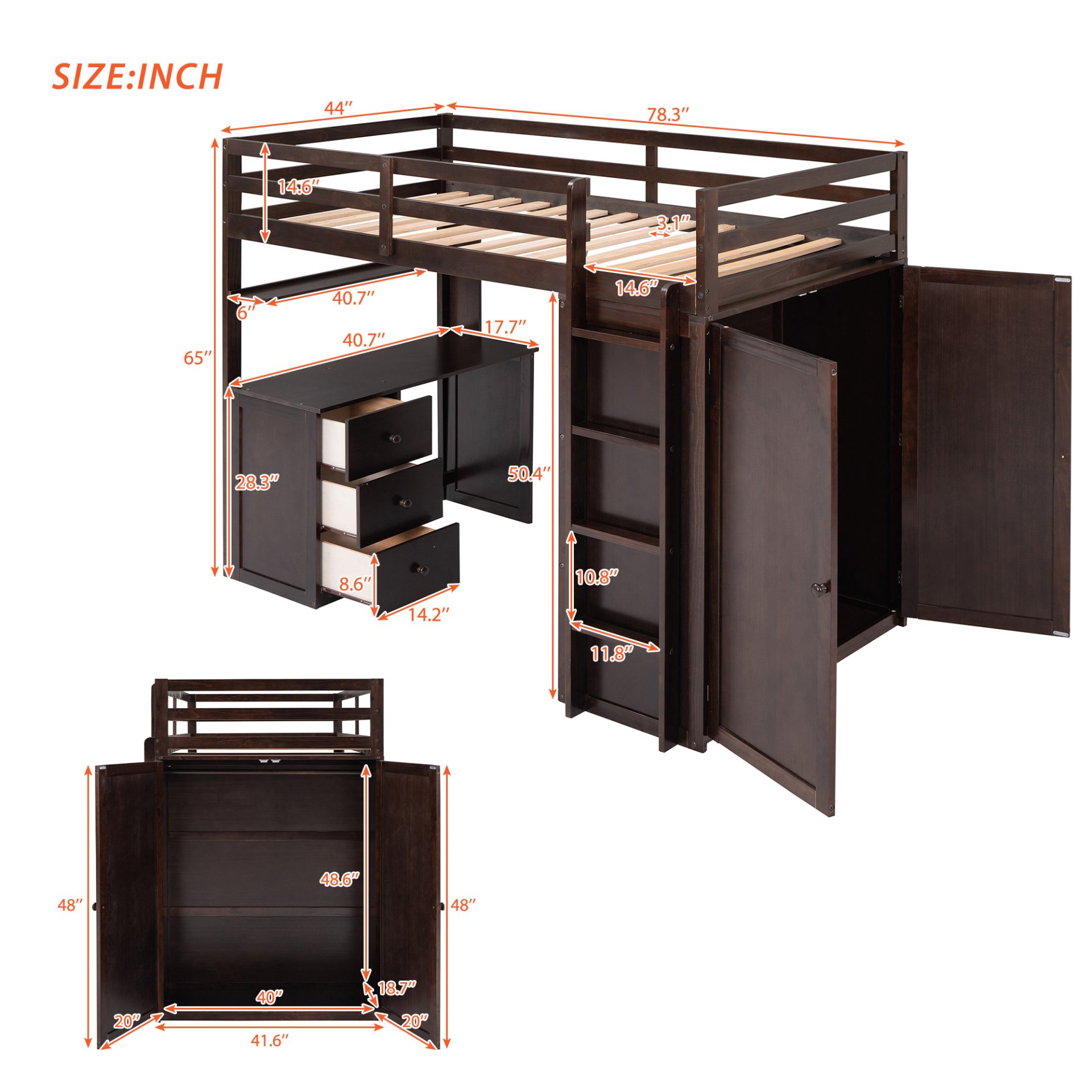 Twin Size Loft Bed With Drawers, Desk, And Wardrobe - Espresso - Image 7