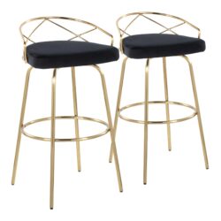 Charlotte - Glam Glam / Art Deco Fixed Height Barstool With Swivel With Round Footrest (Set of 2) - Gold / Black