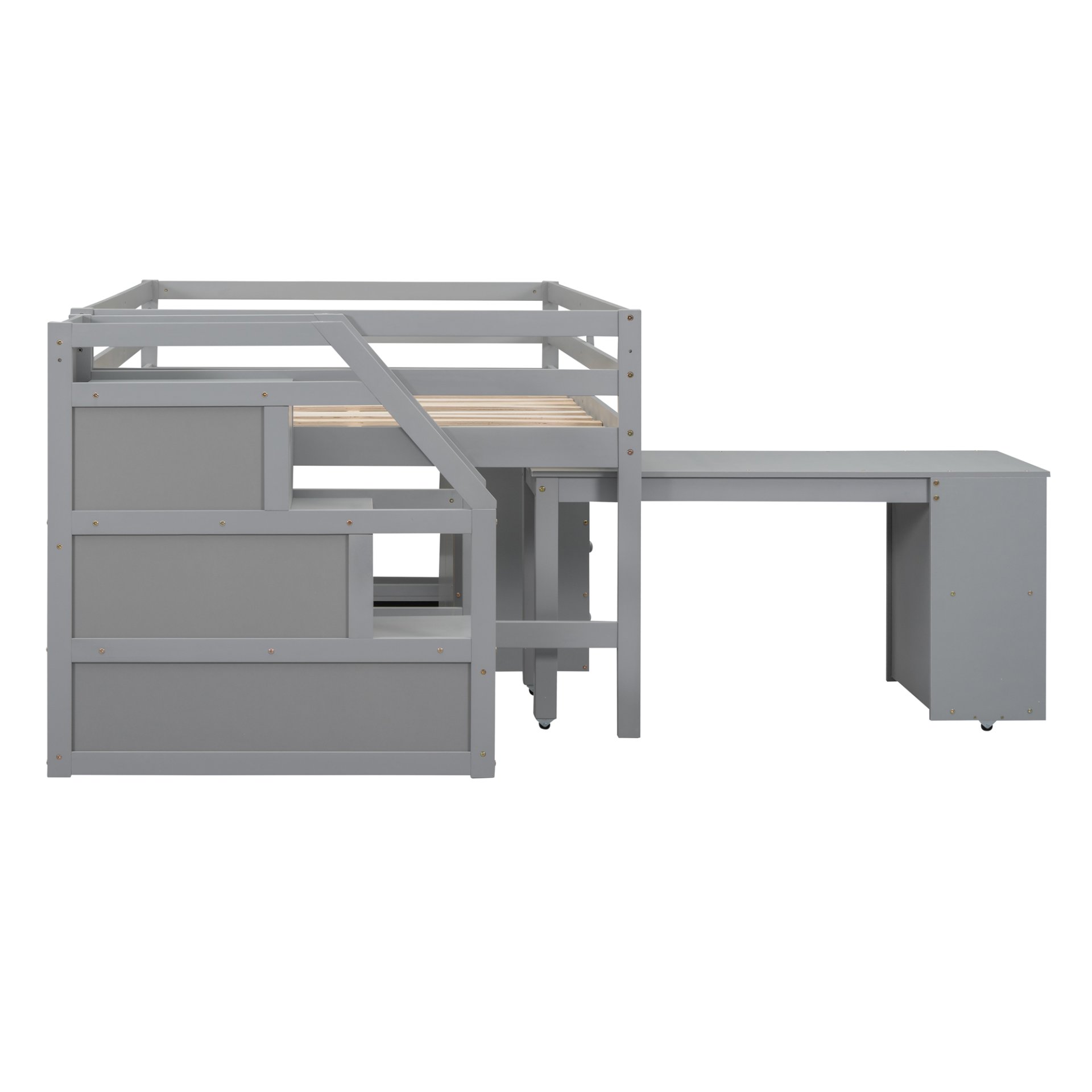 Full Size Loft Bed With Retractable Writing Desk And 3 Drawers With Storage Stairs And Shelves - Gray - Image 13