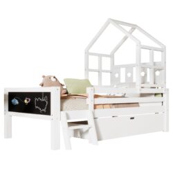 Twin Size House Bed With Ladder, Storage Drawers, And Blackboard Design - White