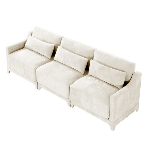 Elegant 3 Seater Sofa With Lumbar Pillow Chenille Upholstery Wooden Base Ergonomic Design - Beige