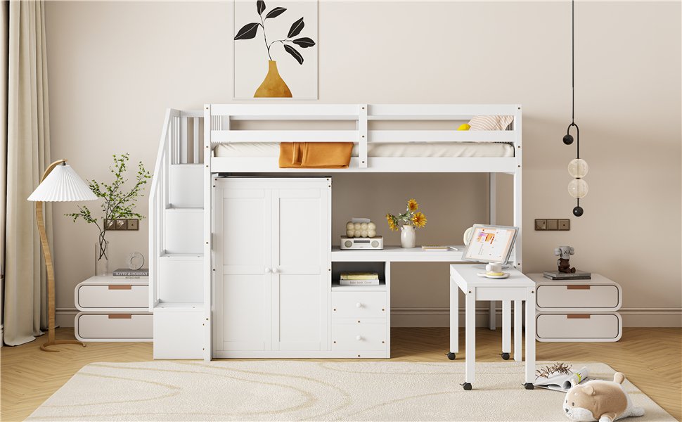 Twin Size Loft Bed With Stairs, Bookshelf, Drawers, Desk & Wardrobe, Space Saving Multifunctional Furniture - White - Image 23