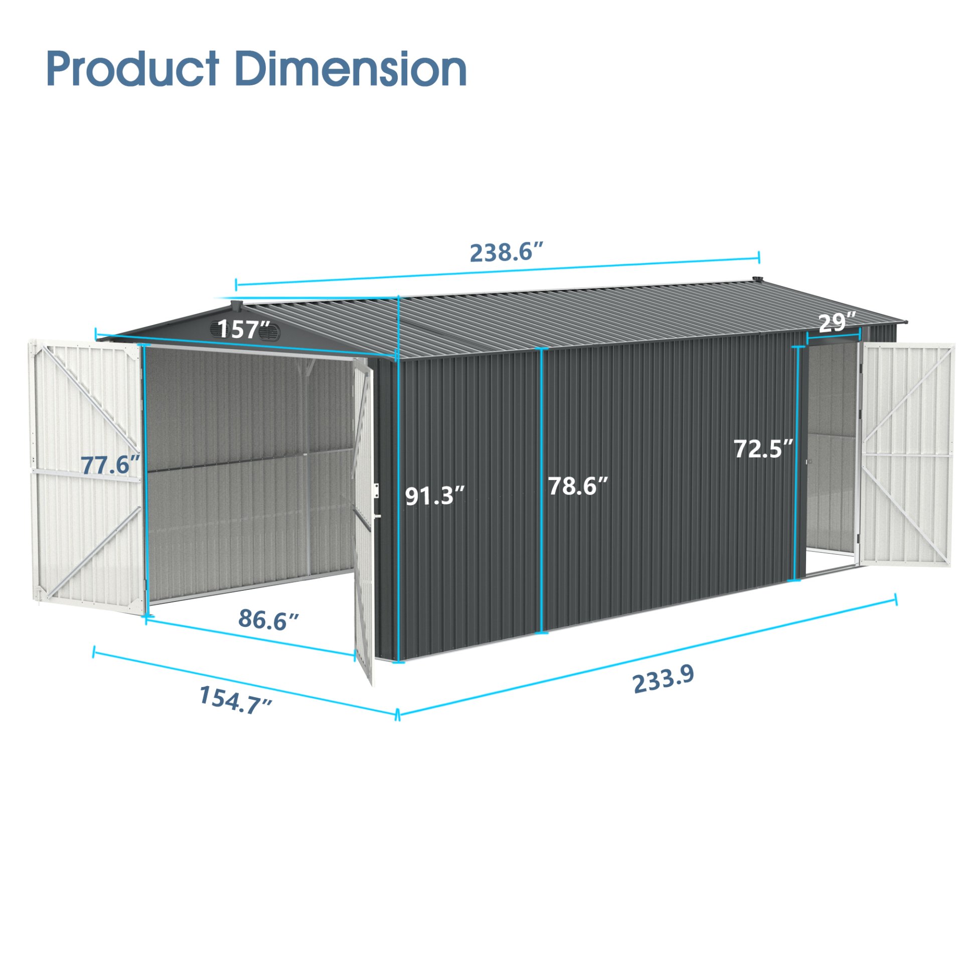 Outdoor Storage Shed, Metal Garden Shed Backyard Utility Tool House Building With 2 Doors And 4 Vents For Car, Truck, Bike, Garbage Can, Tool, Lawnmower - Dark Gray - Image 9
