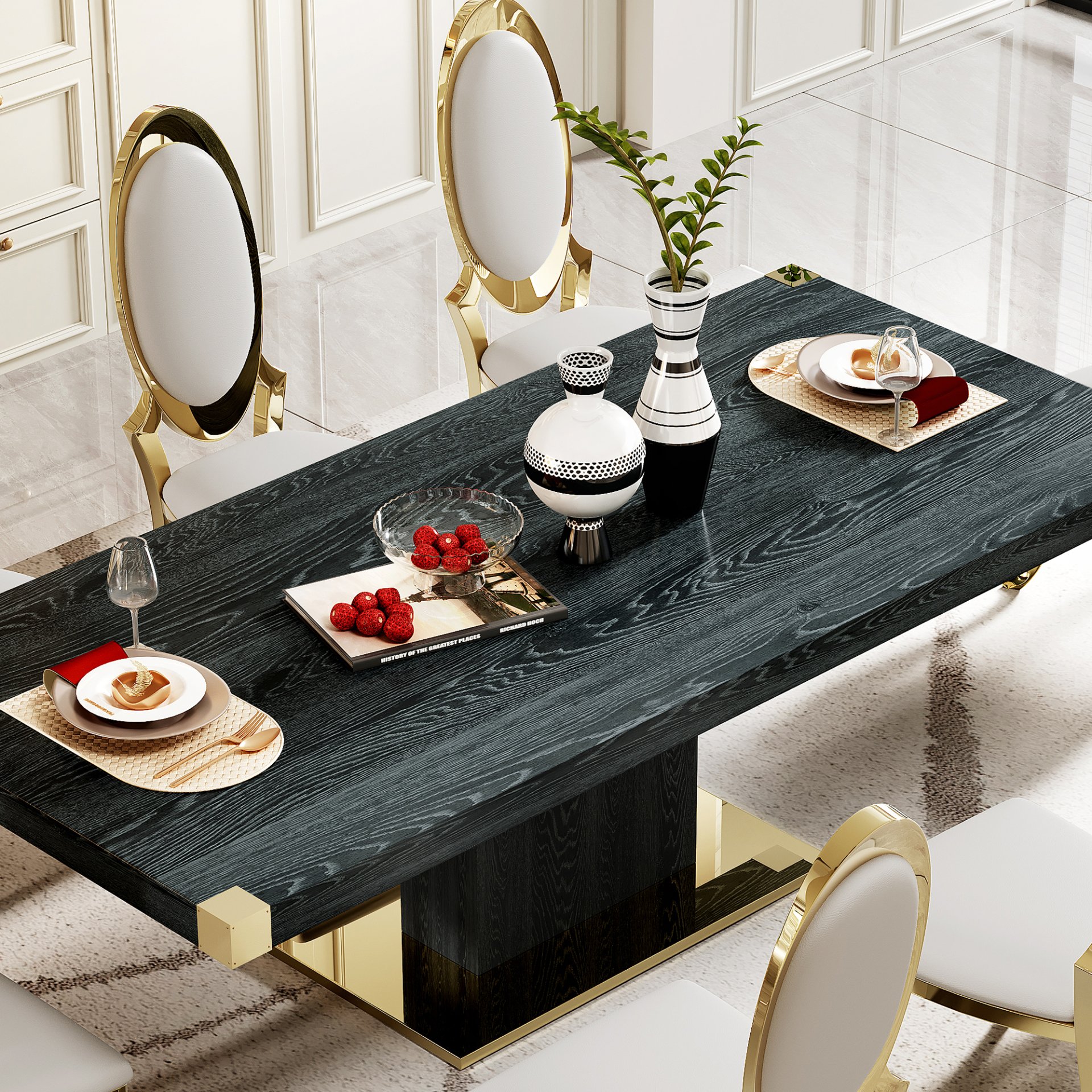 Top Dining Table With Gold Finish Corner, Pillar And Gold Finish Stainless Steel Base - Black - Image 6