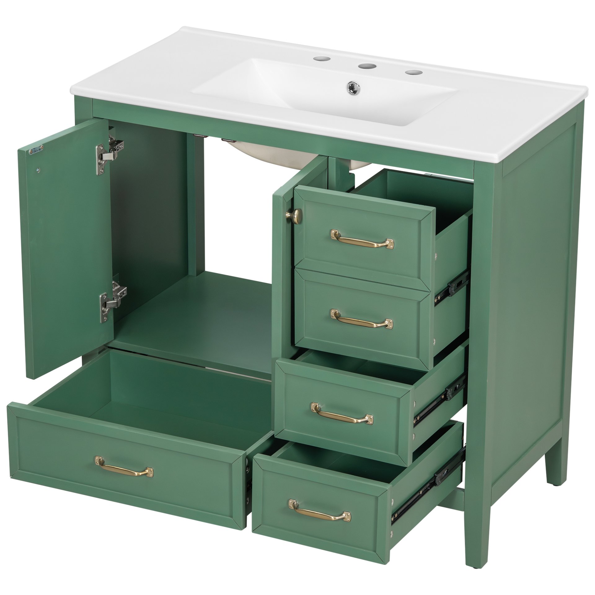Elegant Vintage 36" Bathroom Vanity With Sink And Soft Closing Door, 4 Drawers Of Different Sizes Frame - Green - Image 13